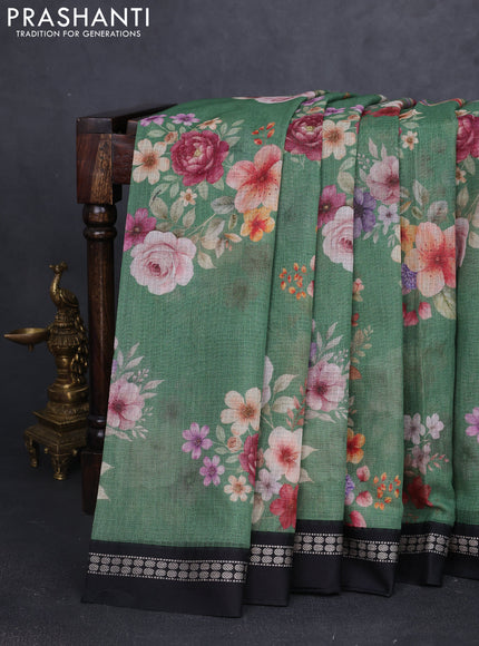 Kota silk cotton saree green and black with allover floral digital prints and thread woven border