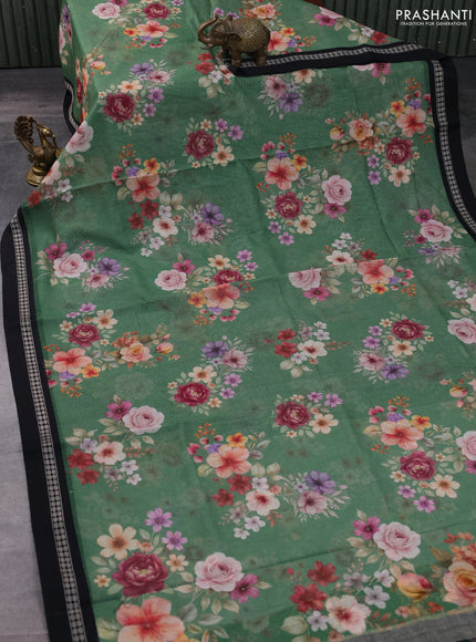 Kota silk cotton saree green and black with allover floral digital prints and thread woven border
