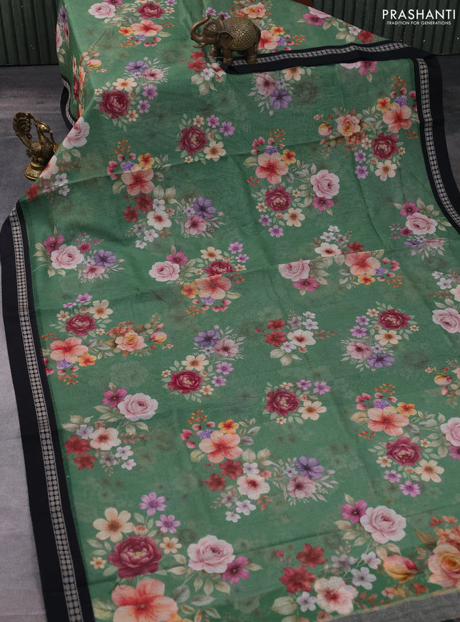 Kota silk cotton saree green and black with allover floral digital prints and thread woven border