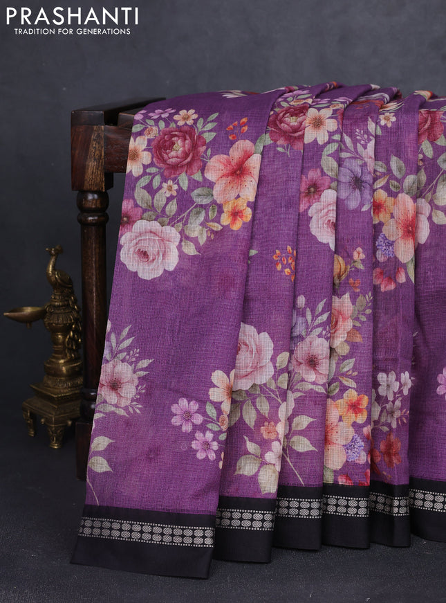 Kota silk cotton saree purple and black with allover floral digital prints and thread woven border