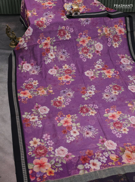 Kota silk cotton saree purple and black with allover floral digital prints and thread woven border