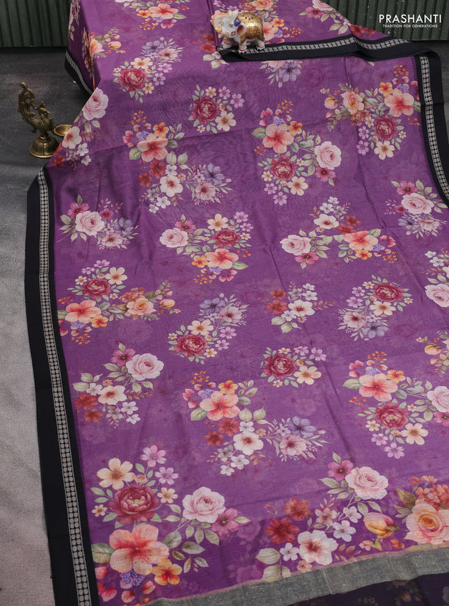 Kota silk cotton saree purple and black with allover floral digital prints and thread woven border