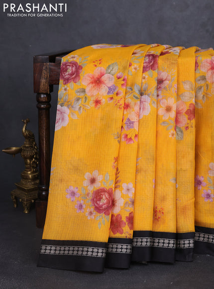 Kota silk cotton saree mango yellow and black with allover floral digital prints and thread woven border