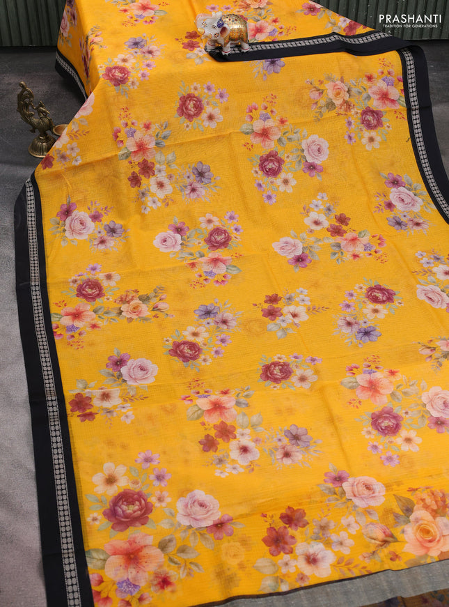 Kota silk cotton saree mango yellow and black with allover floral digital prints and thread woven border