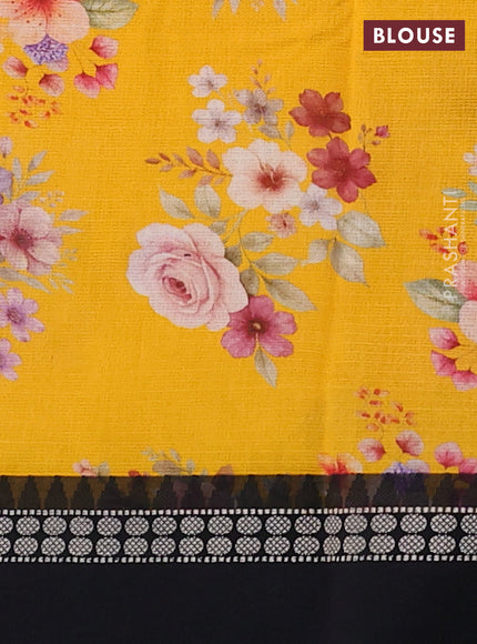 Kota silk cotton saree mango yellow and black with allover floral digital prints and thread woven border