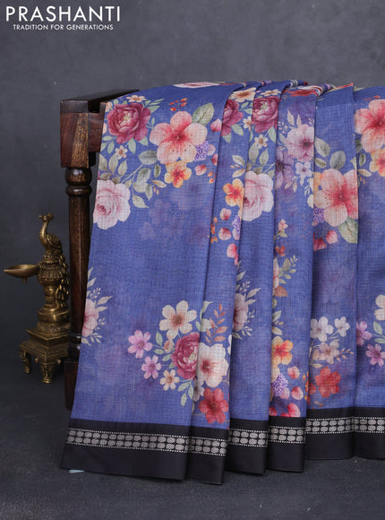 Kota silk cotton saree blue and black with allover floral digital prints and thread woven border