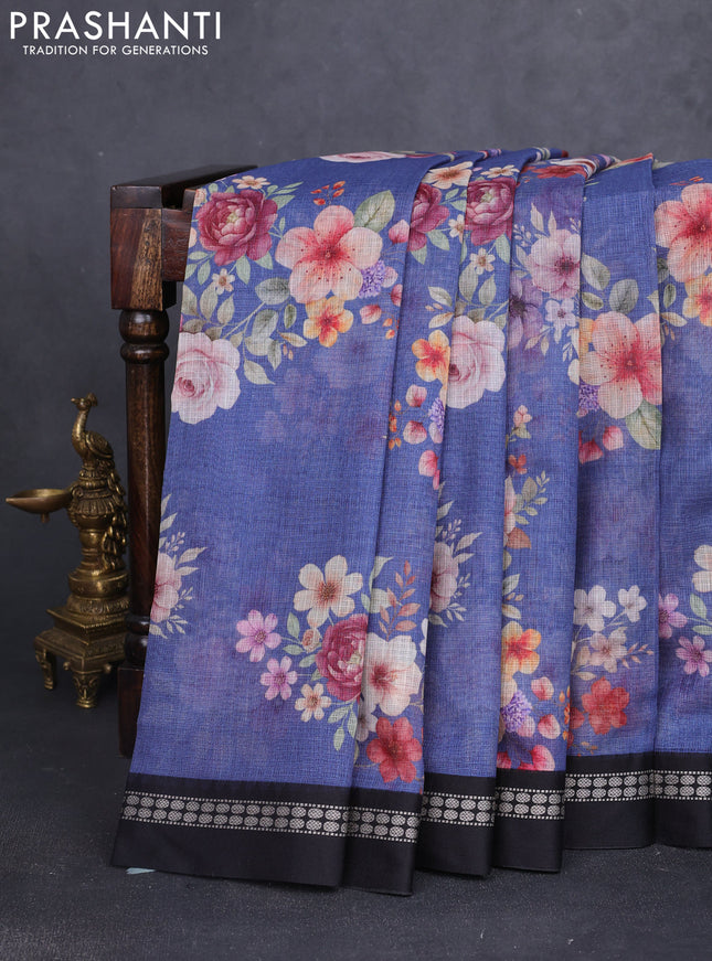 Kota silk cotton saree blue and black with allover floral digital prints and thread woven border