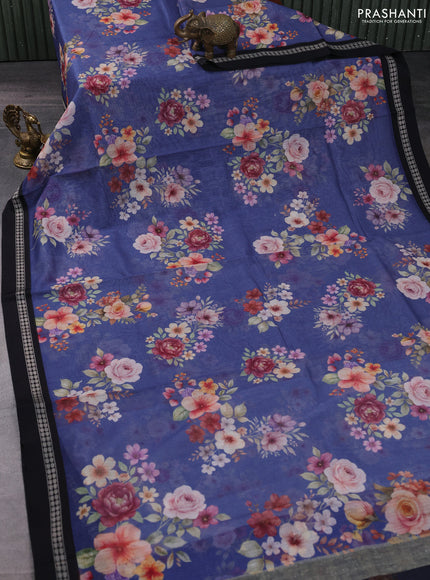 Kota silk cotton saree blue and black with allover floral digital prints and thread woven border