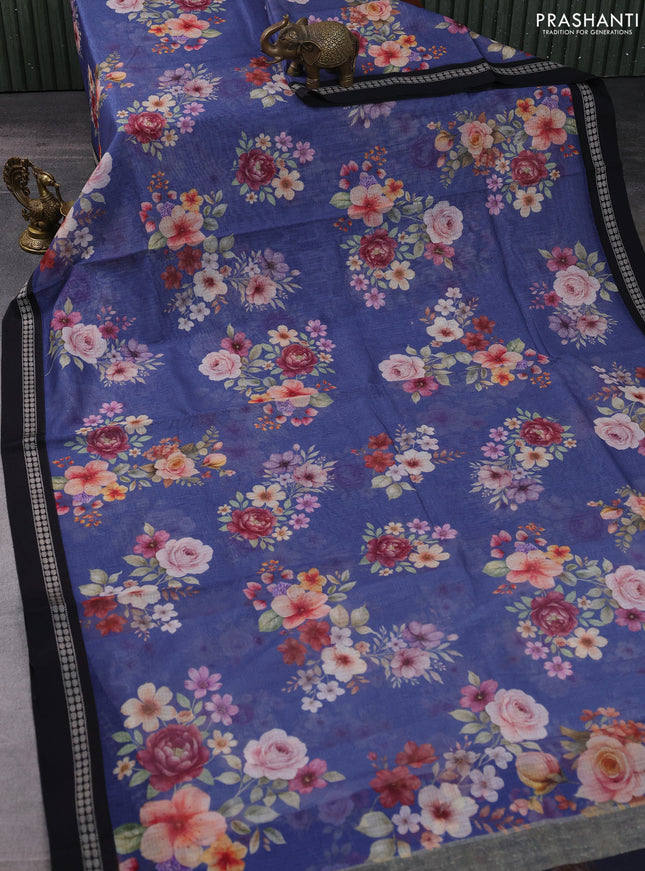 Kota silk cotton saree blue and black with allover floral digital prints and thread woven border