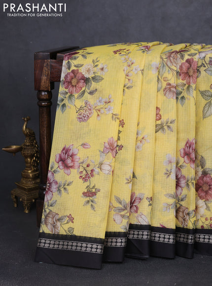 Kota silk cotton saree pale yellow and black with allover floral digital prints and thread woven border