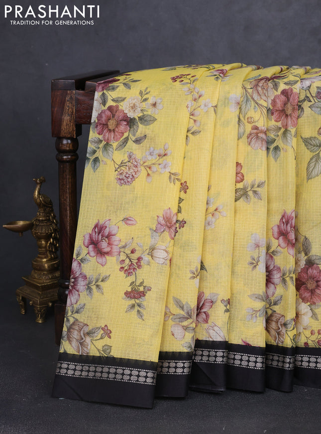 Kota silk cotton saree pale yellow and black with allover floral digital prints and thread woven border