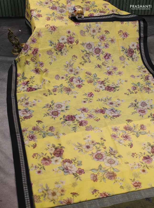 Kota silk cotton saree pale yellow and black with allover floral digital prints and thread woven border