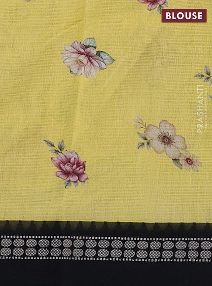 Kota silk cotton saree pale yellow and black with allover floral digital prints and thread woven border