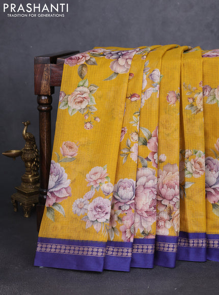 Kota silk cotton saree mustard yellow and blue with allover floral digital prints and thread woven border