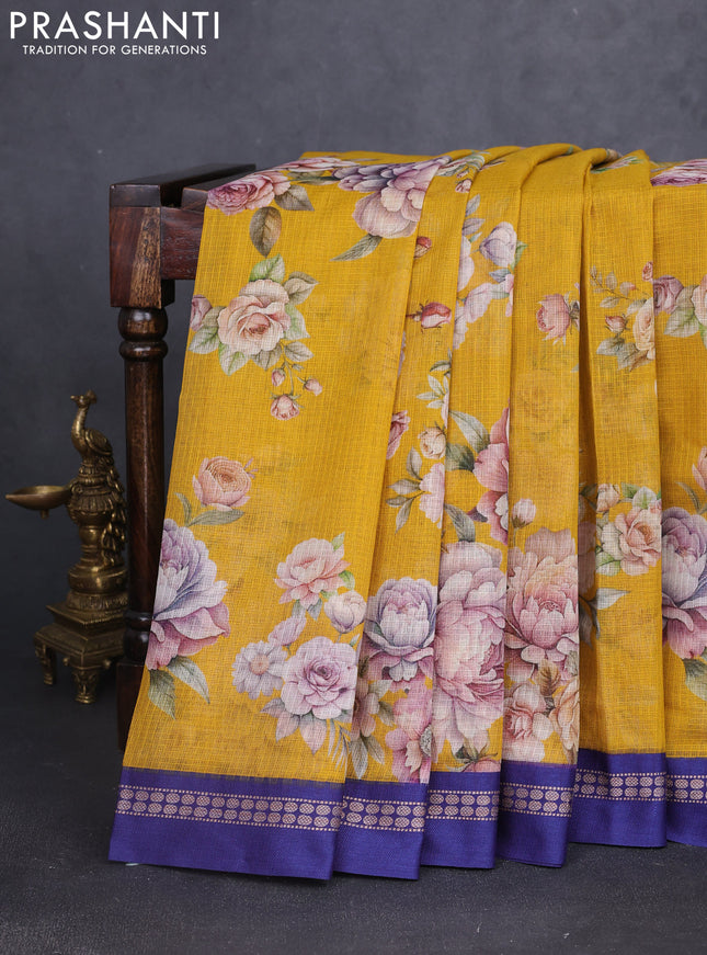 Kota silk cotton saree mustard yellow and blue with allover floral digital prints and thread woven border