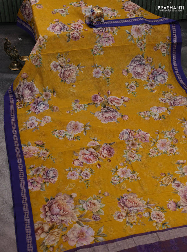 Kota silk cotton saree mustard yellow and blue with allover floral digital prints and thread woven border