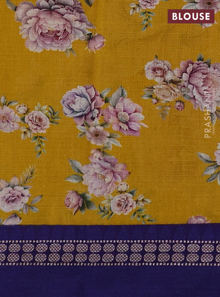 Kota silk cotton saree mustard yellow and blue with allover floral digital prints and thread woven border