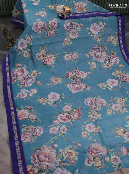 Kota silk cotton saree blue shade and blue with allover floral digital prints and thread woven border
