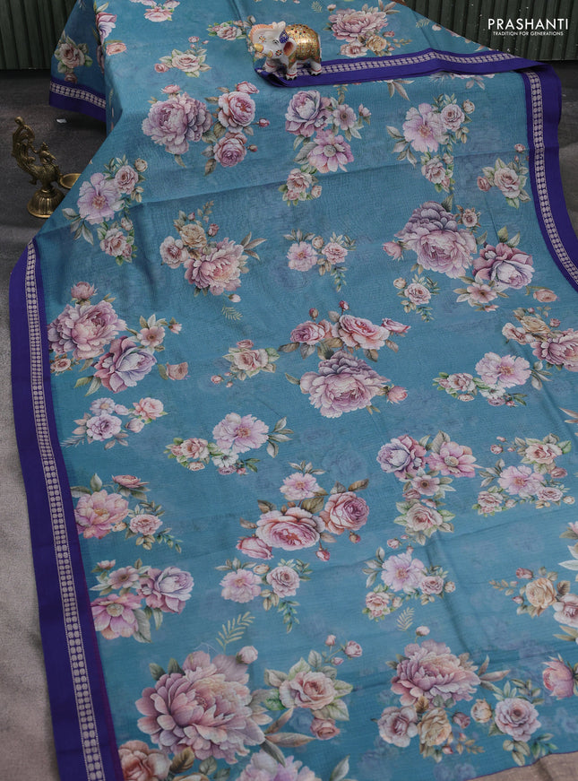 Kota silk cotton saree blue shade and blue with allover floral digital prints and thread woven border