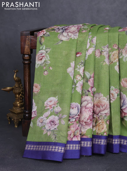 Kota silk cotton saree green and blue with allover floral digital prints and thread woven border