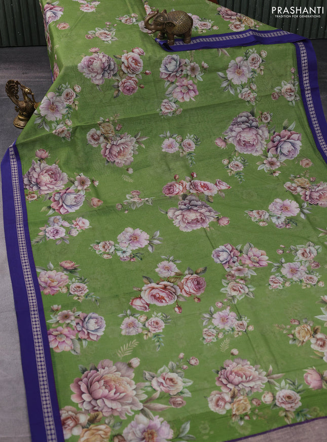 Kota silk cotton saree green and blue with allover floral digital prints and thread woven border