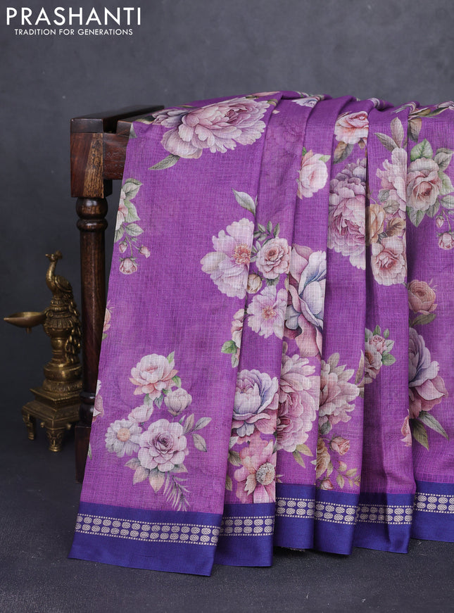 Kota silk cotton saree purple and blue with allover floral digital prints and thread woven border