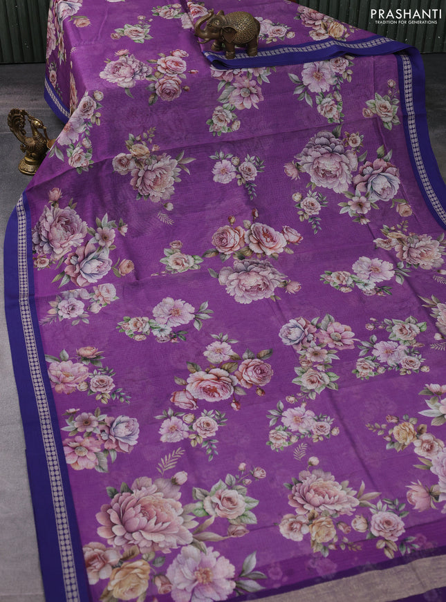 Kota silk cotton saree purple and blue with allover floral digital prints and thread woven border