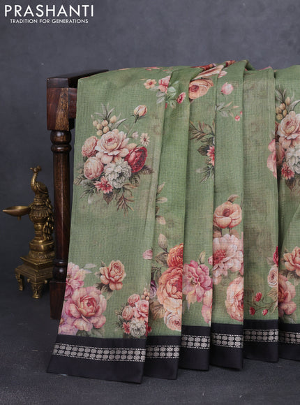 Kota silk cotton saree green shade and black with allover floral digital prints and thread woven border