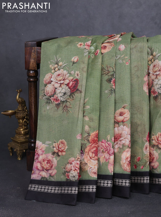 Kota silk cotton saree green shade and black with allover floral digital prints and thread woven border