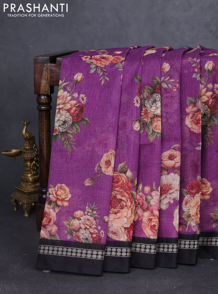 Kota silk cotton saree purple and black with allover floral digital prints and thread woven border