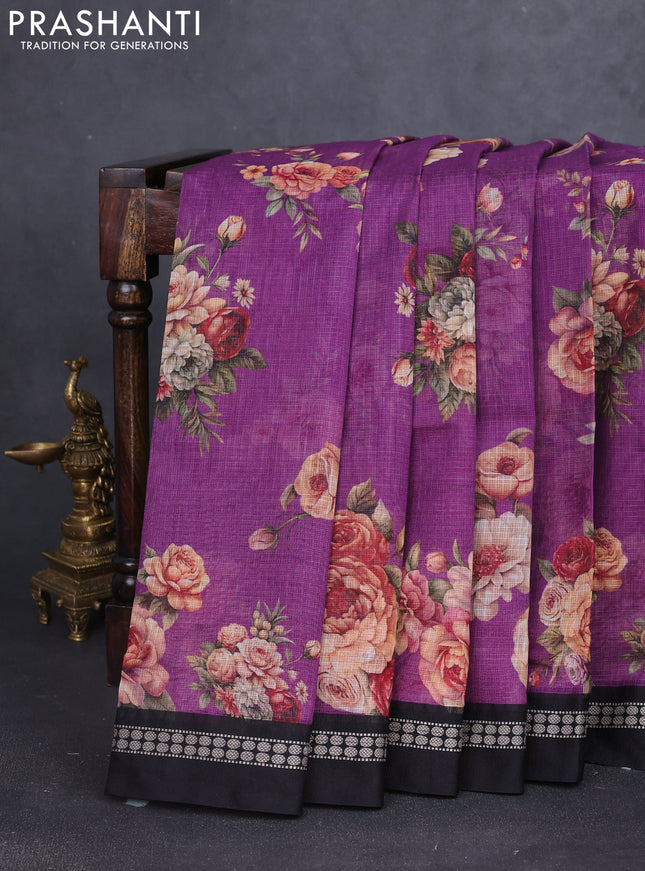 Kota silk cotton saree purple and black with allover floral digital prints and thread woven border