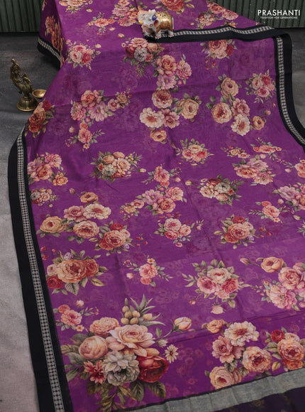 Kota silk cotton saree purple and black with allover floral digital prints and thread woven border
