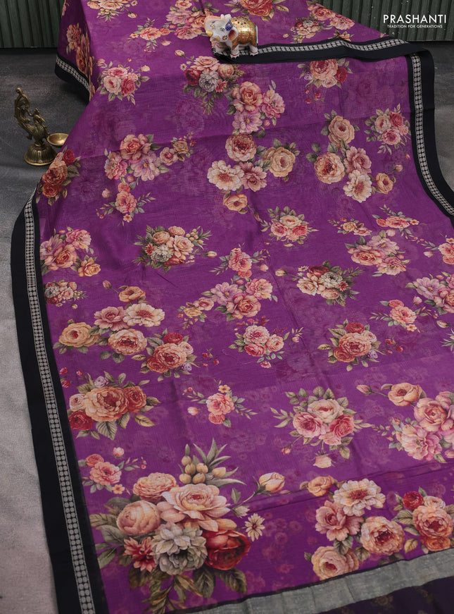 Kota silk cotton saree purple and black with allover floral digital prints and thread woven border