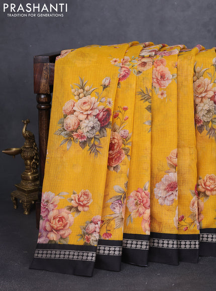 Kota silk cotton saree yellow and black with allover floral digital prints and thread woven border