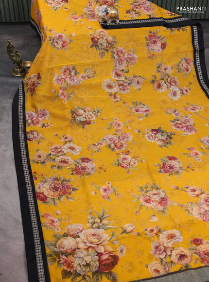 Kota silk cotton saree yellow and black with allover floral digital prints and thread woven border
