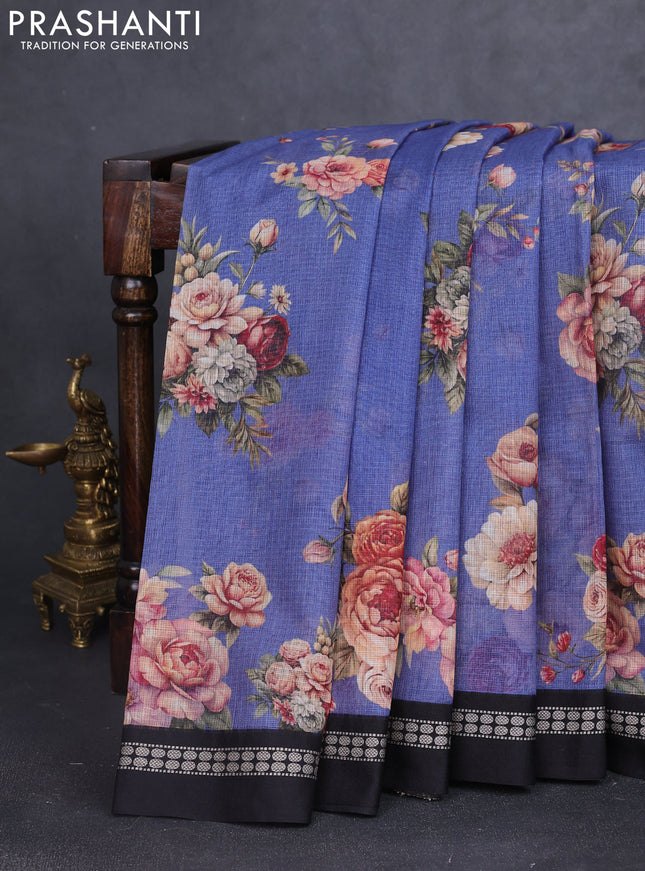 Kota silk cotton saree blue shade and black with allover floral digital prints and thread woven border