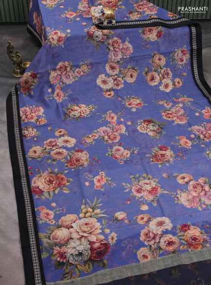 Kota silk cotton saree blue shade and black with allover floral digital prints and thread woven border