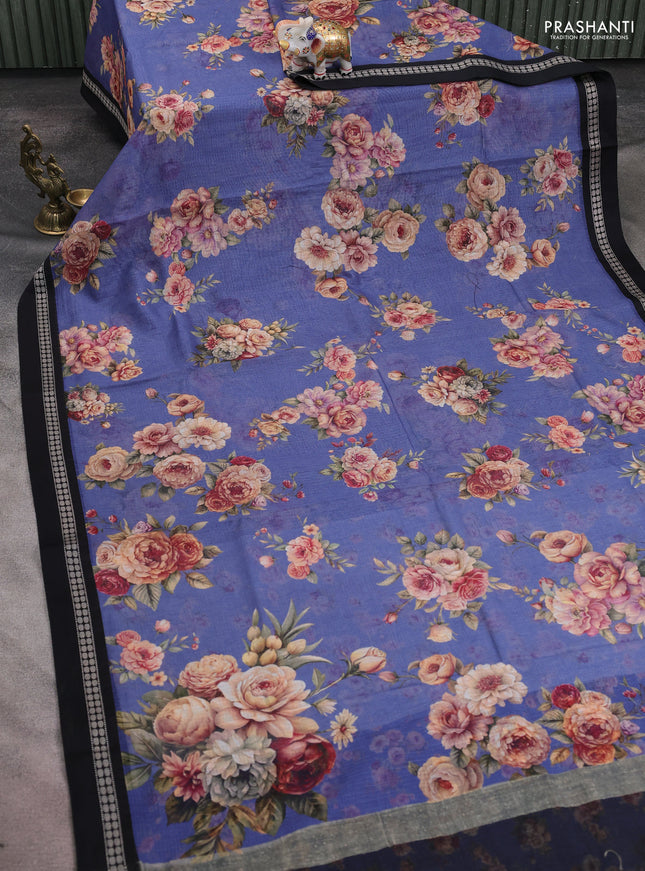 Kota silk cotton saree blue shade and black with allover floral digital prints and thread woven border