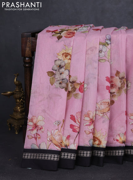 Kota silk cotton saree light pink and black with allover floral digital prints and thread woven border