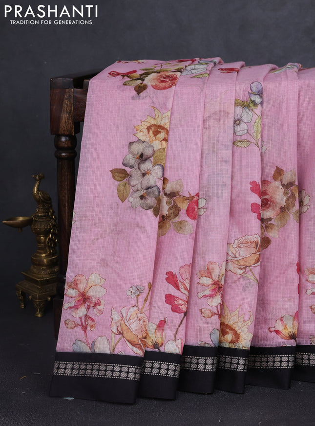 Kota silk cotton saree light pink and black with allover floral digital prints and thread woven border