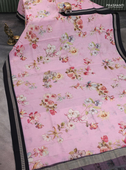 Kota silk cotton saree light pink and black with allover floral digital prints and thread woven border