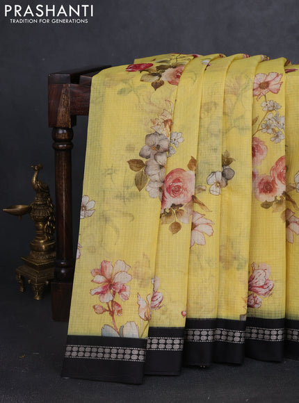 Kota silk cotton saree pale yellow and black with allover floral digital prints and thread woven border