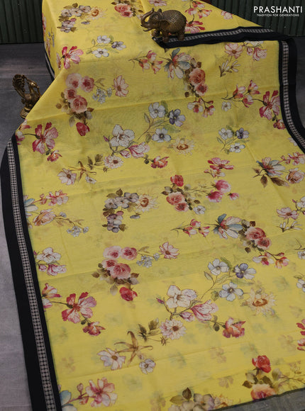 Kota silk cotton saree pale yellow and black with allover floral digital prints and thread woven border