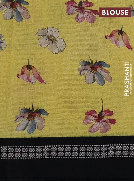 Kota silk cotton saree pale yellow and black with allover floral digital prints and thread woven border