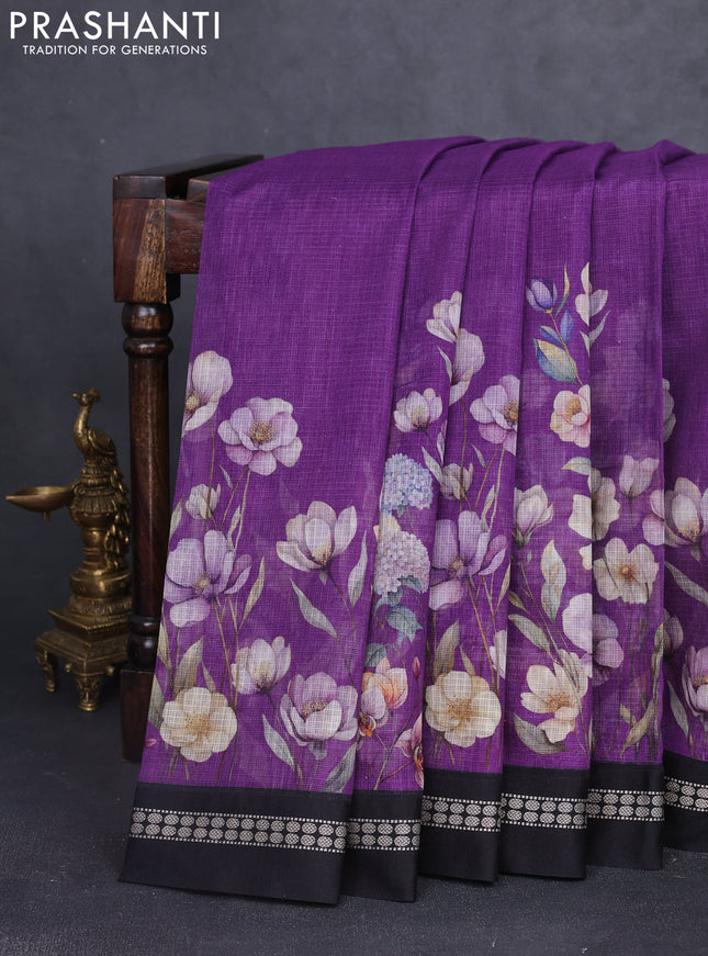 Kota silk cotton saree purple and black with floral digital prints and thread woven border