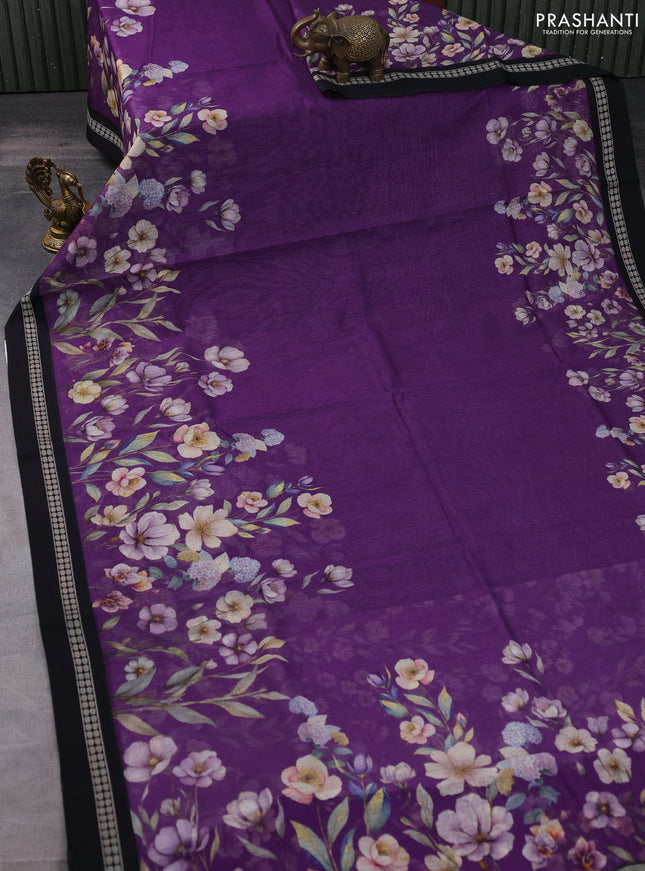 Kota silk cotton saree purple and black with floral digital prints and thread woven border