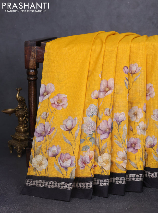 Kota silk cotton saree yellow and black with floral digital prints and thread woven border
