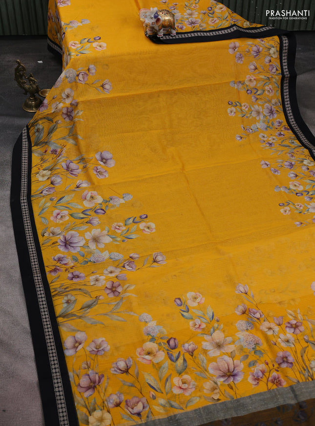 Kota silk cotton saree yellow and black with floral digital prints and thread woven border