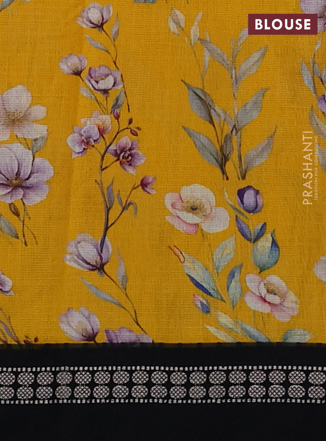 Kota silk cotton saree yellow and black with floral digital prints and thread woven border