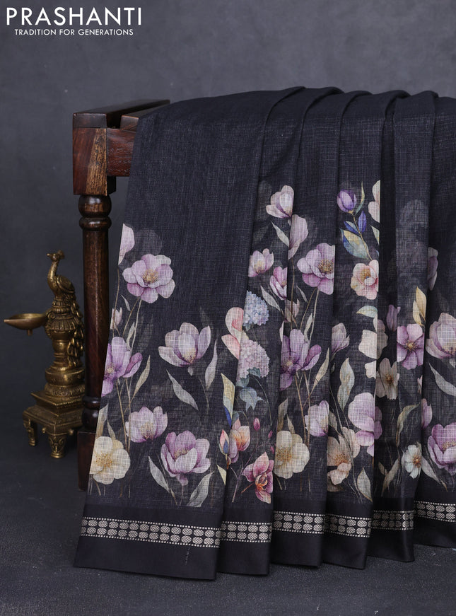 Kota silk cotton saree black with floral digital prints and thread woven border